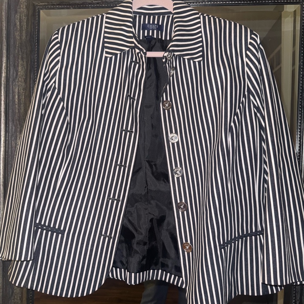 Chaps Jacket Blazer 3/4 Sleeve Spit Cuff Black White Stripe Button Jacket XLarge